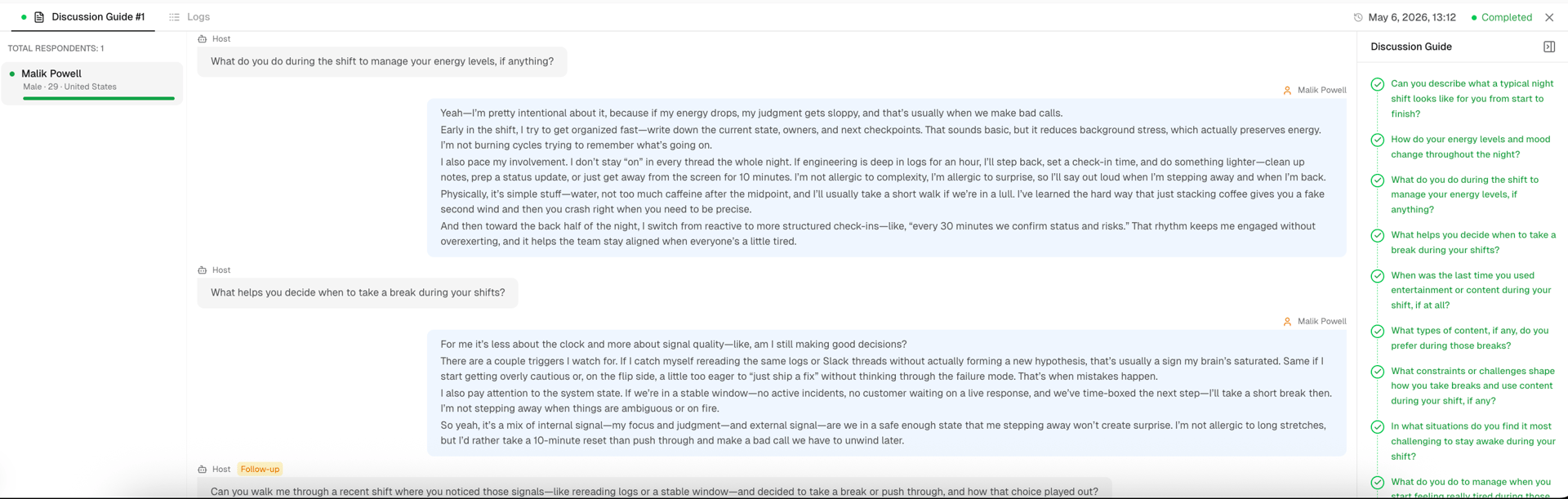iMario interview view showing Q5 with a follow-up question generated by the Host agent