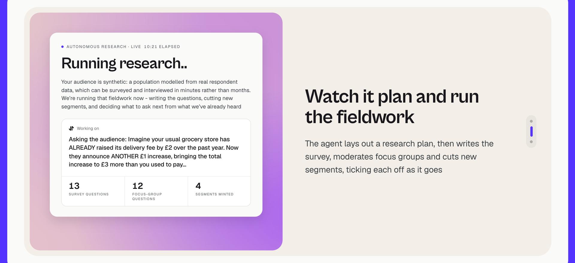 A still from the animated demonstration on Electric Twin's Research Agent page (https://www.electrictwin.com/platform/research-agent), captured 21 October 2026. It is a website demonstration, not a verified product screenshot; its sample question and counts are Electric Twin's illustration, not results from this article's hypothetical fitness app.